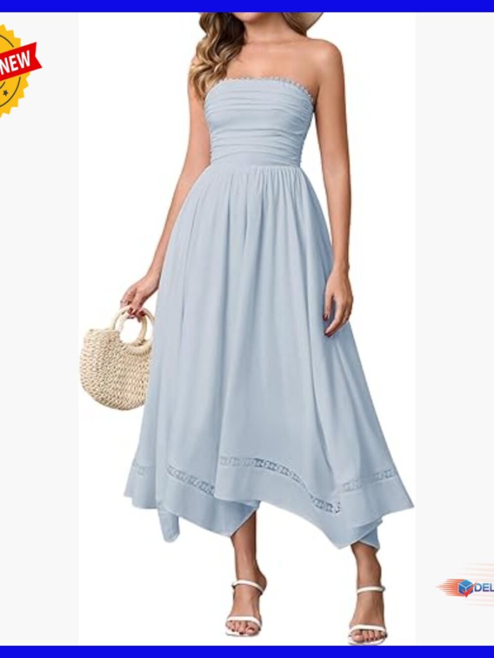 Strapless Midi Dress Lace Smocked Back Flowy A-Line Wedding Guest
